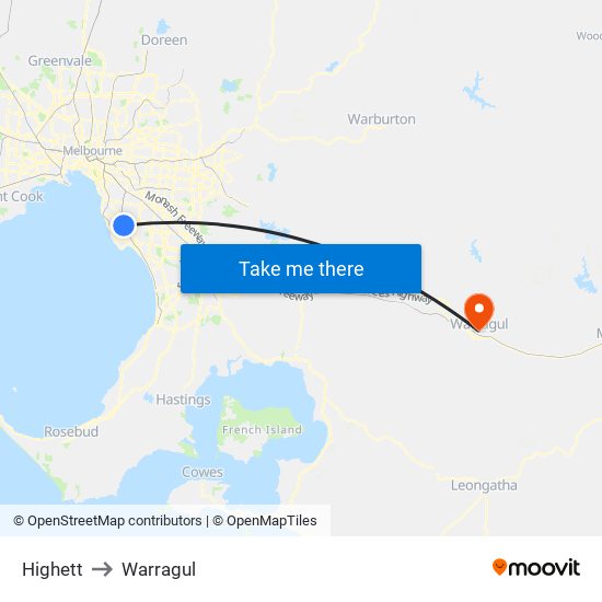 Highett to Warragul map