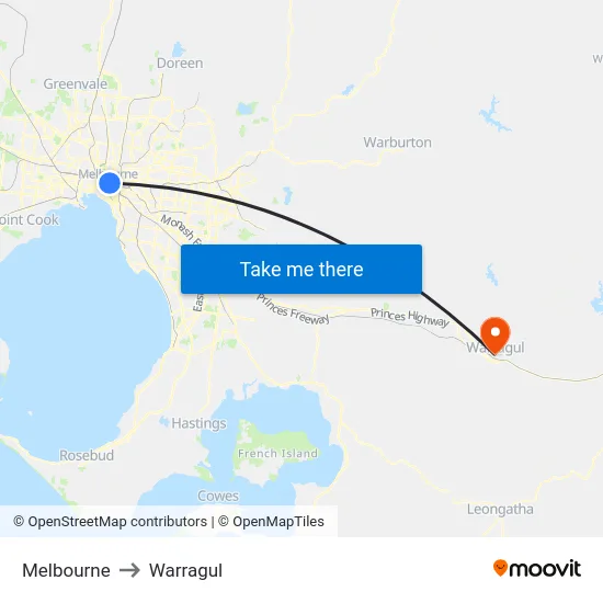 Melbourne to Warragul map