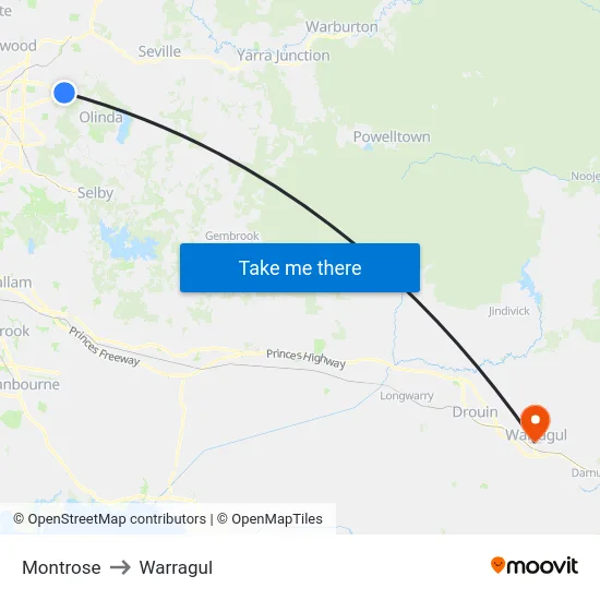 Montrose to Warragul map