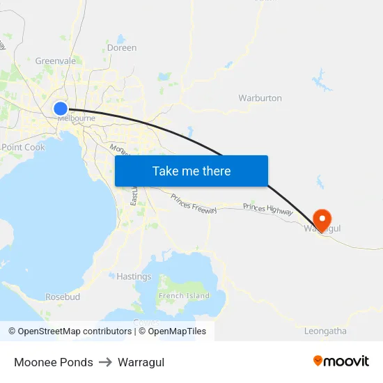 Moonee Ponds to Warragul map
