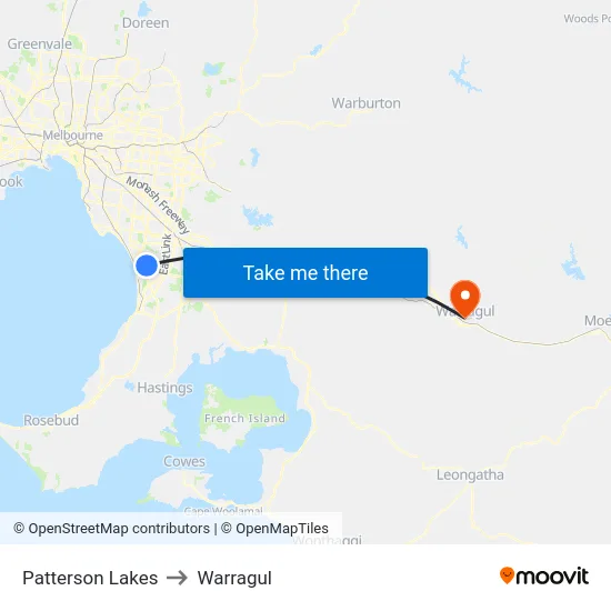 Patterson Lakes to Warragul map