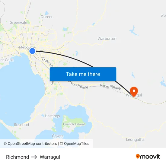 Richmond to Warragul map