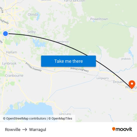 Rowville to Warragul map