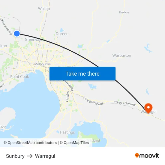 Sunbury to Warragul map