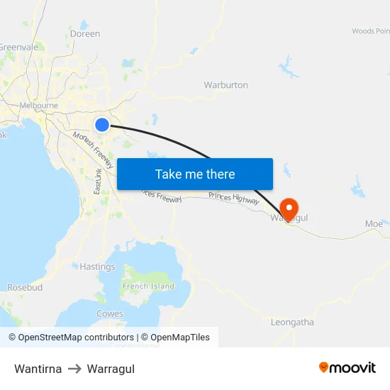 Wantirna to Warragul map