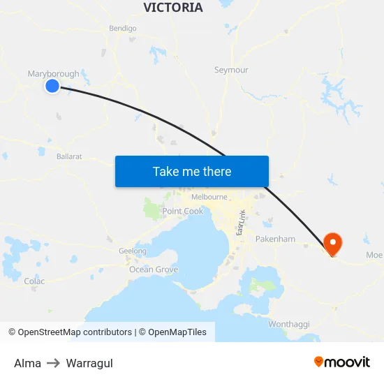 Alma to Warragul map
