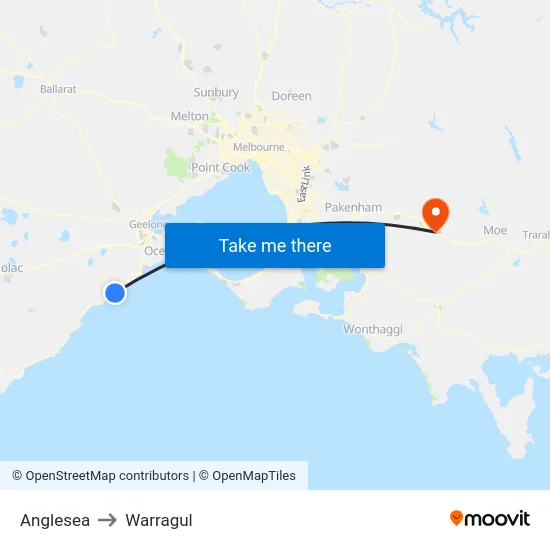 Anglesea to Warragul map