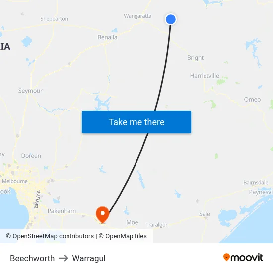 Beechworth to Warragul map
