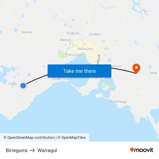 Birregurra to Warragul map