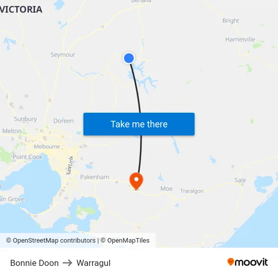 Bonnie Doon to Warragul map