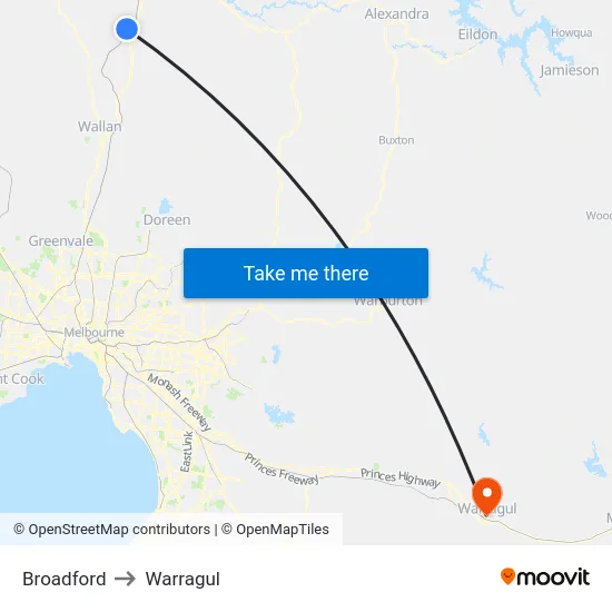 Broadford to Warragul map