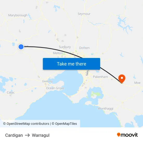 Cardigan to Warragul map