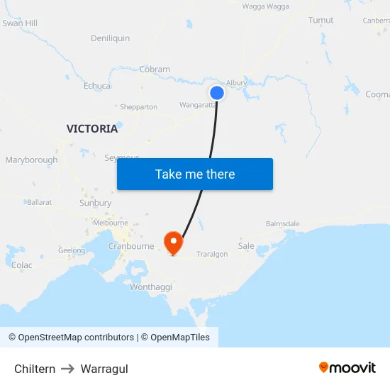 Chiltern to Warragul map