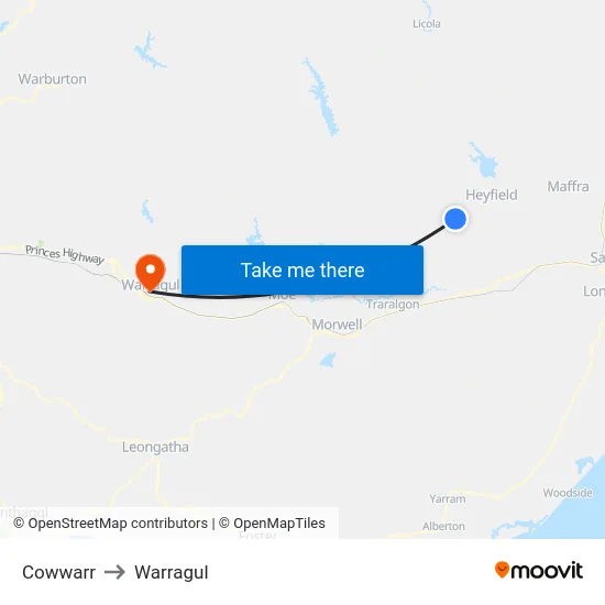 Cowwarr to Warragul map