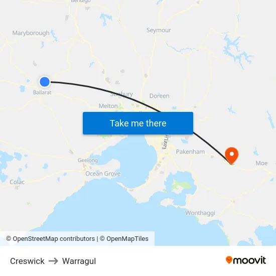 Creswick to Warragul map