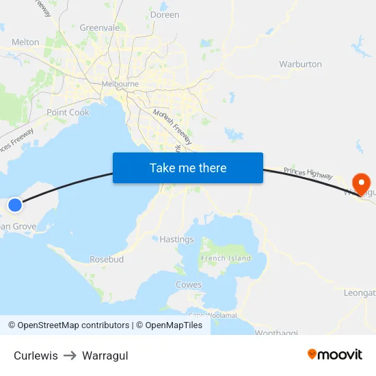 Curlewis to Warragul map