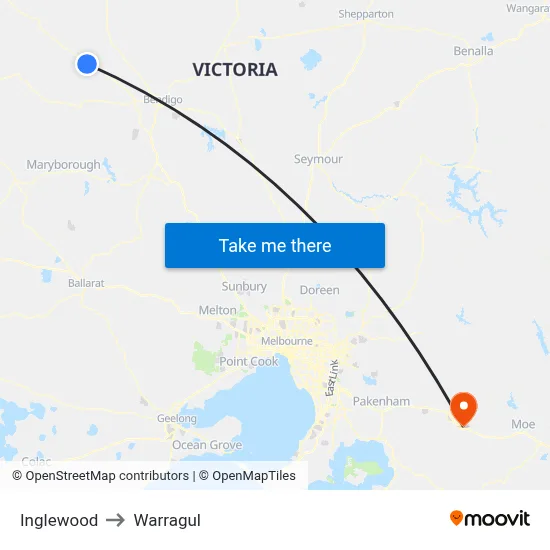 Inglewood to Warragul map