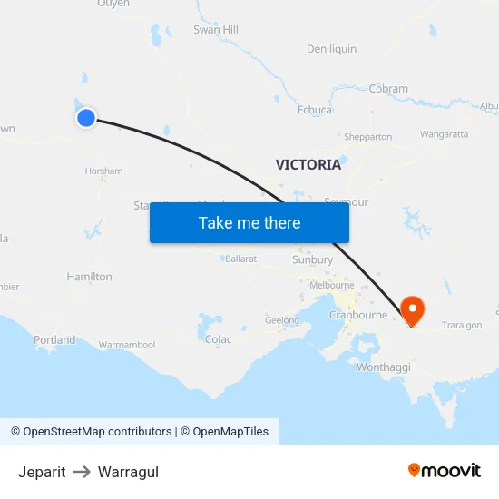 Jeparit to Warragul map