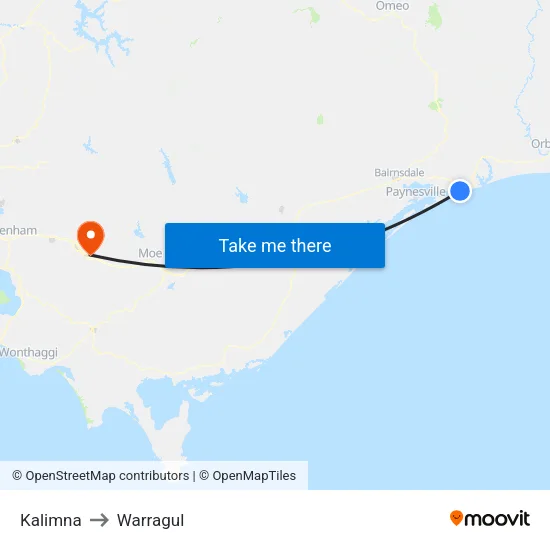Kalimna to Warragul map