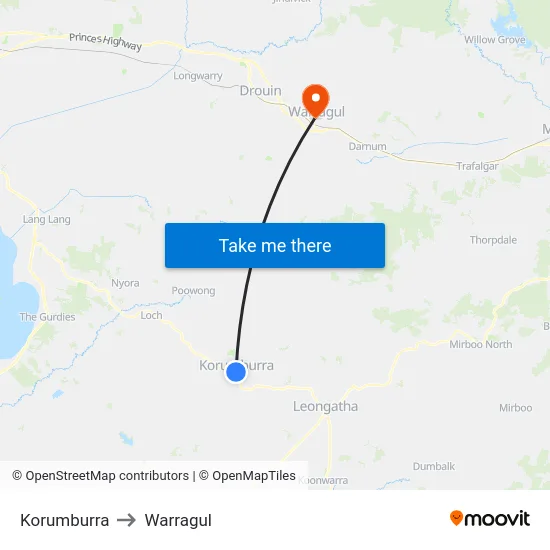 Korumburra to Warragul map
