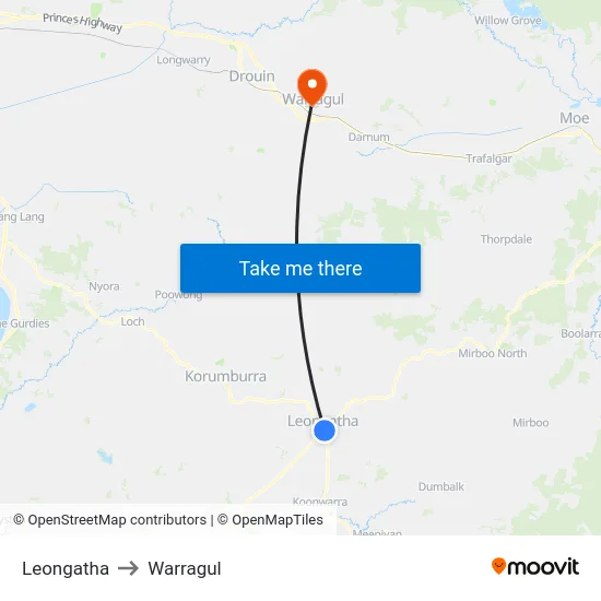Leongatha to Warragul map
