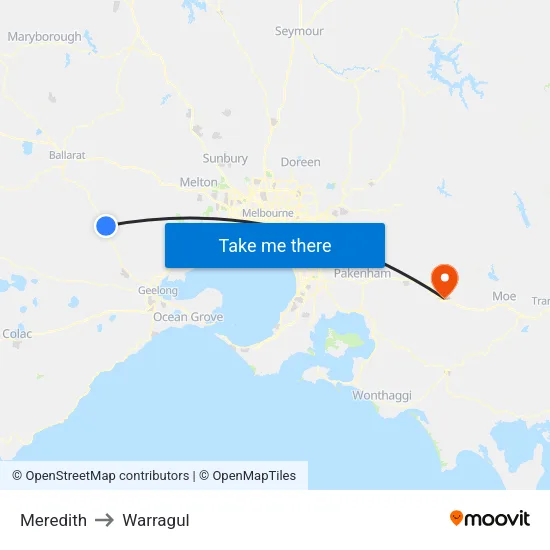 Meredith to Warragul map