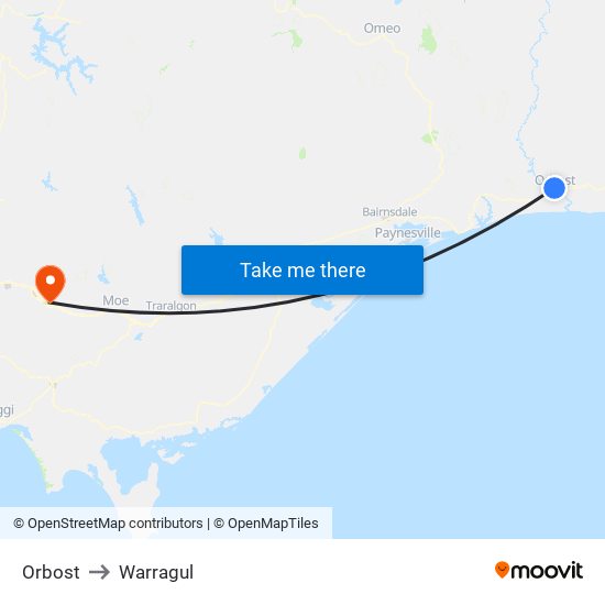 Orbost to Warragul map