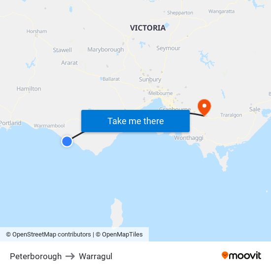 Peterborough to Warragul map