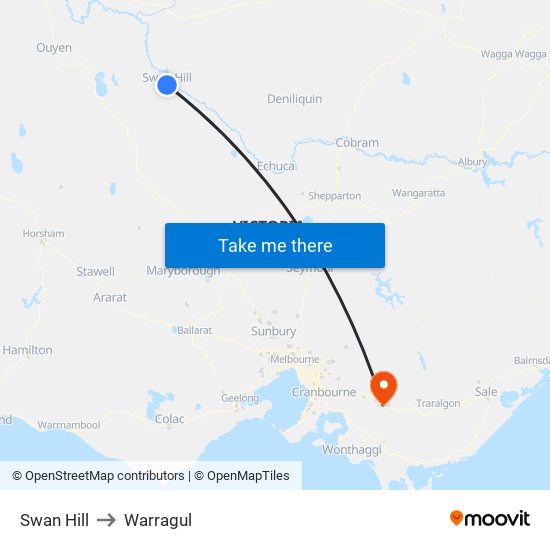 Swan Hill to Warragul map