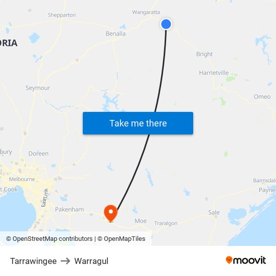 Tarrawingee to Warragul map