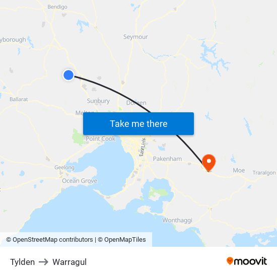 Tylden to Warragul map