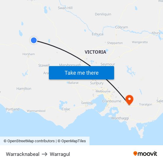 Warracknabeal to Warragul map