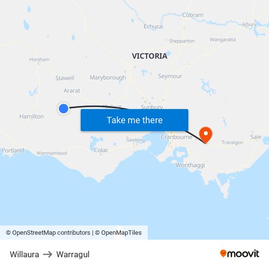 Willaura to Warragul map