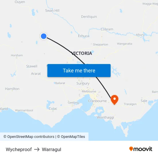 Wycheproof to Warragul map
