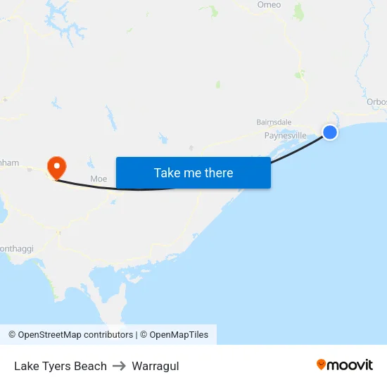 Lake Tyers Beach to Warragul map