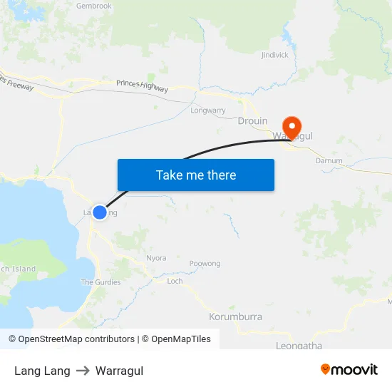 Lang Lang to Warragul map