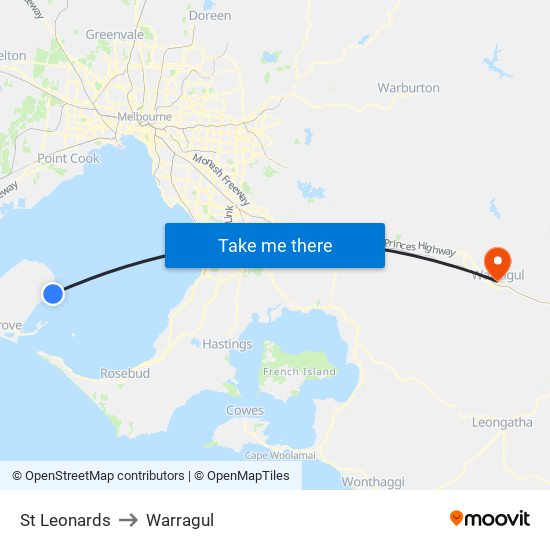 St Leonards to Warragul map