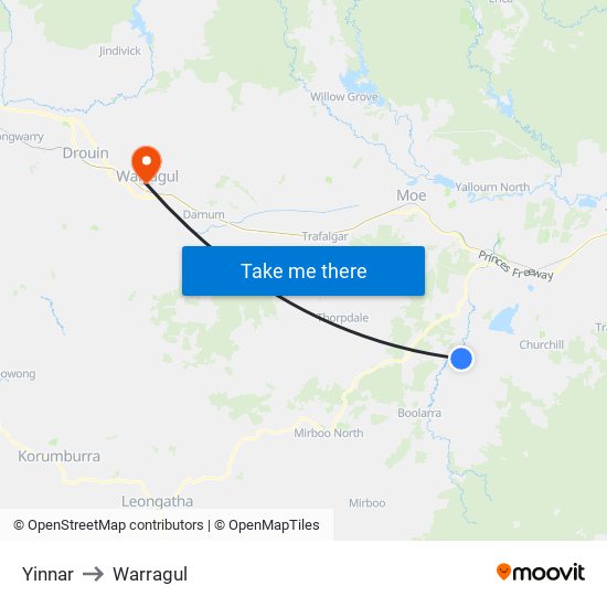 Yinnar to Warragul map