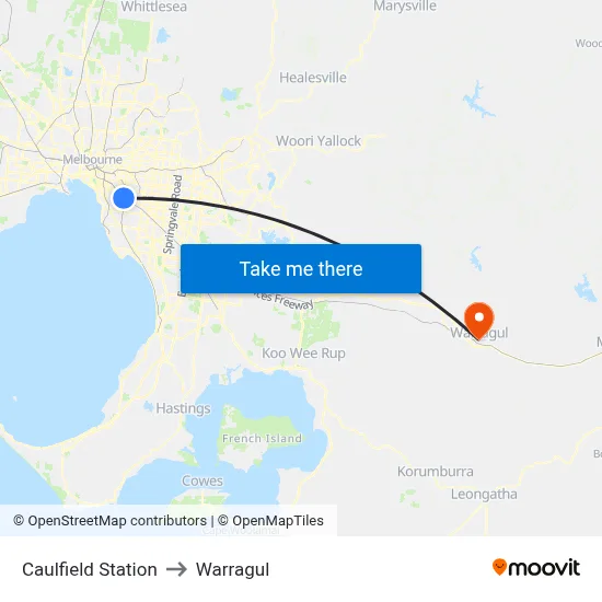 Caulfield Station to Warragul map