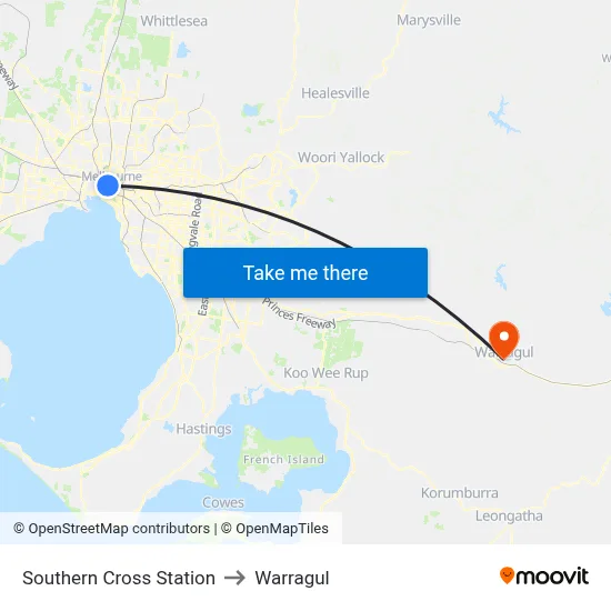 Southern Cross Station to Warragul map