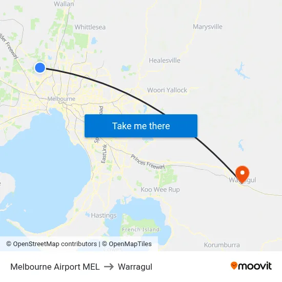 Melbourne Airport MEL to Warragul map