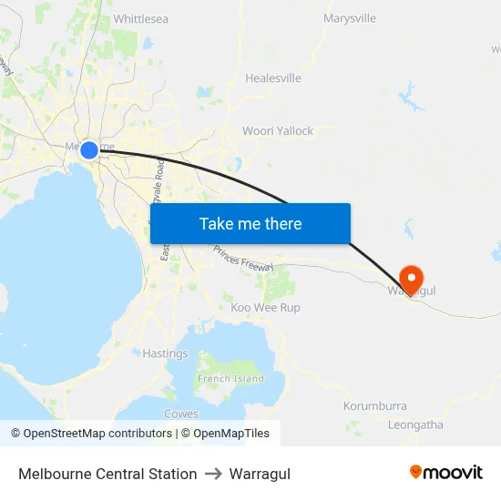Melbourne Central Station to Warragul map