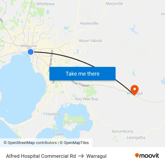 Alfred Hospital Commercial Rd to Warragul map