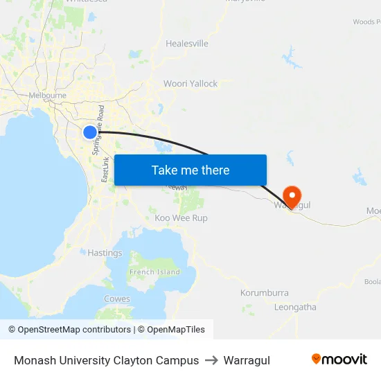 Monash University Clayton Campus to Warragul map