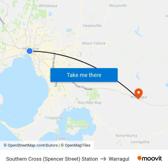 Southern Cross (Spencer Street) Station to Warragul map