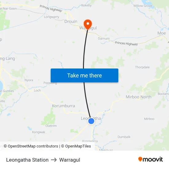 Leongatha Station to Warragul map