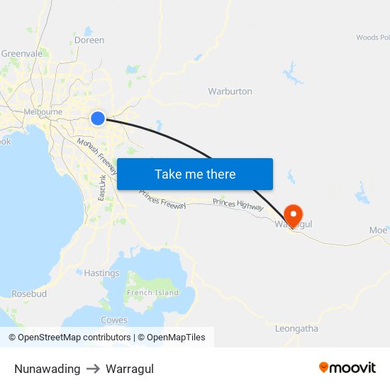 Nunawading to Warragul map