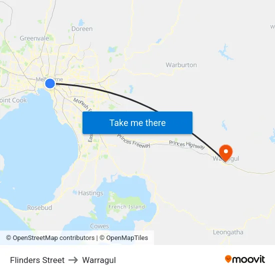 Flinders Street to Warragul map