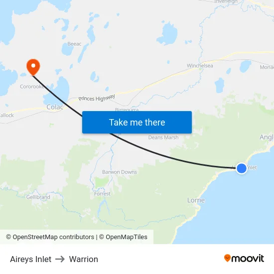 Aireys Inlet to Warrion map