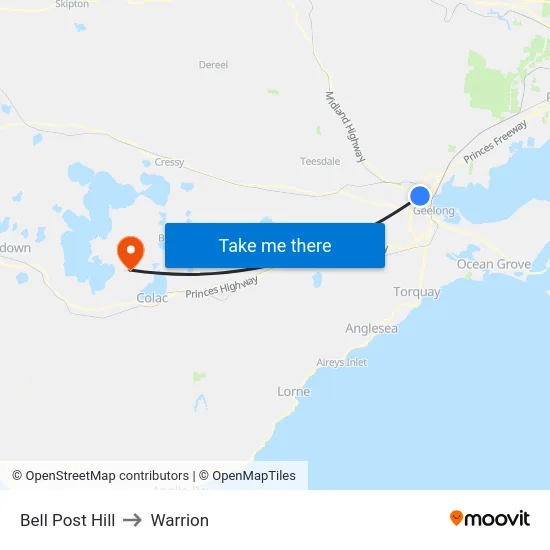 Bell Post Hill to Warrion map